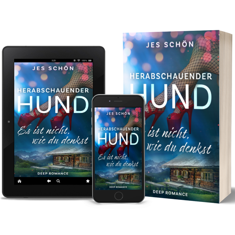 "Herabschauender Hund – Es ist nicht, wie du denkst" Buchcover:
Nackte Beine einer Prostituierten hängen vom Himmel in eine idyllische bayerische Landschaft